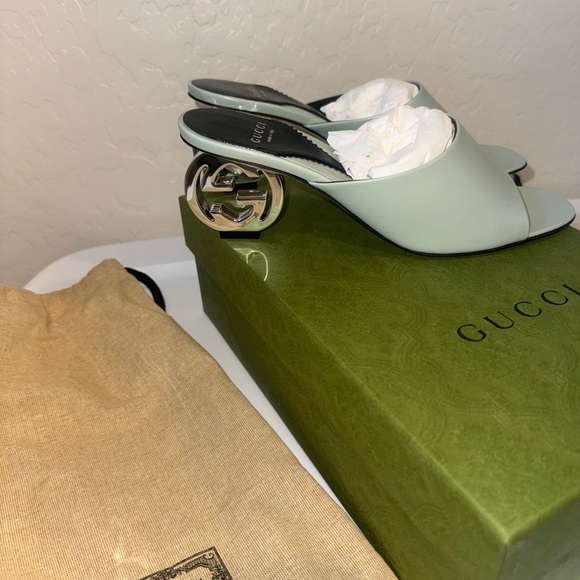 NEW Gucci leather green kitten logo heel size 9 brand new - Picture 5 of 10